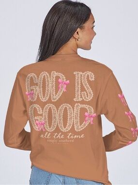Simply Southern Tan Long Sleeve Tee with Pink Bow Accents